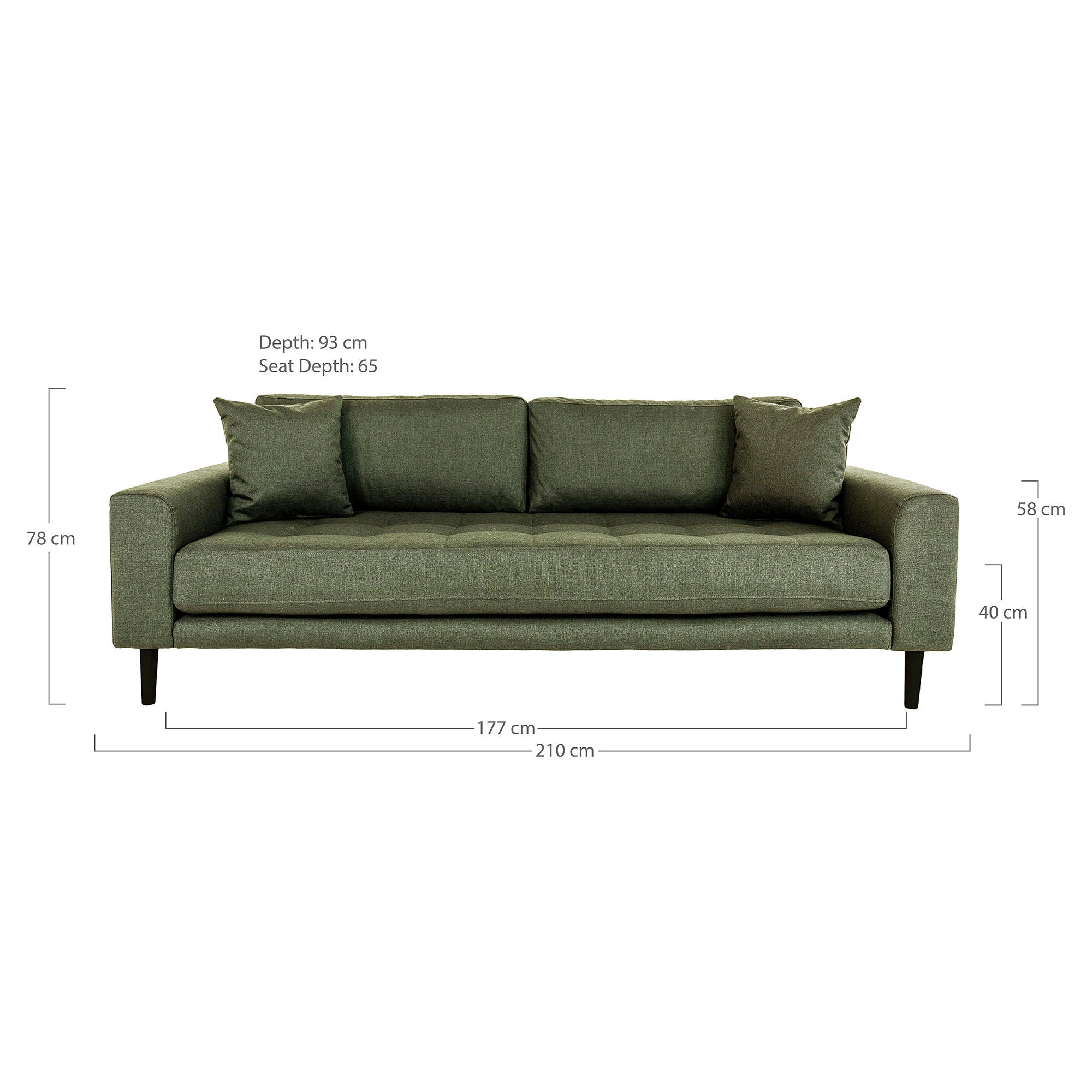 Lido – 3-Sitzer Sofa, mit zwei Kissen und Holzbeinen, 210 × 93 × 76 cm